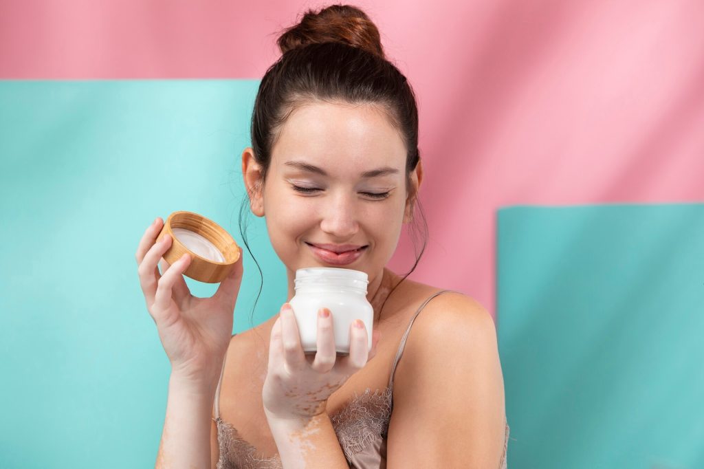 portrait gorgeous woman holding powder container 23 2149229373