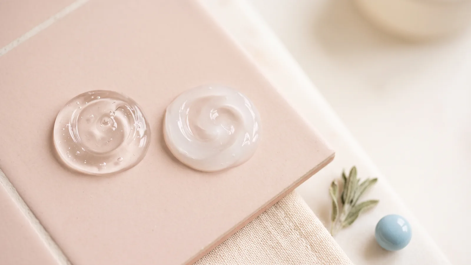 Two clear gel swirls sit side by side on pale pink tile, with one more translucent in soft daylight