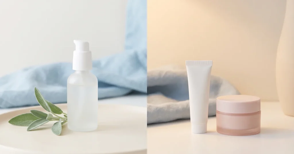 Azelaic acid and tretinoin set out for a morning and evening skincare routine, with a frosted pump, white tube and sage leaves