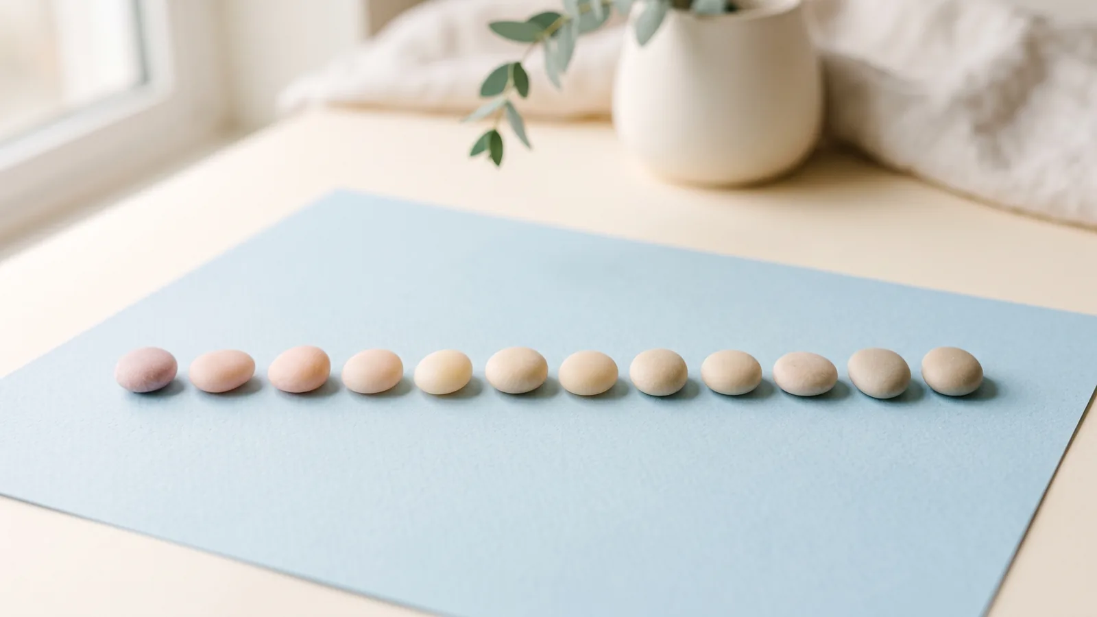 Twelve small round pebbles on powder-blue paper gradually shift from rosy to neutral beige, representing gradual changes over time