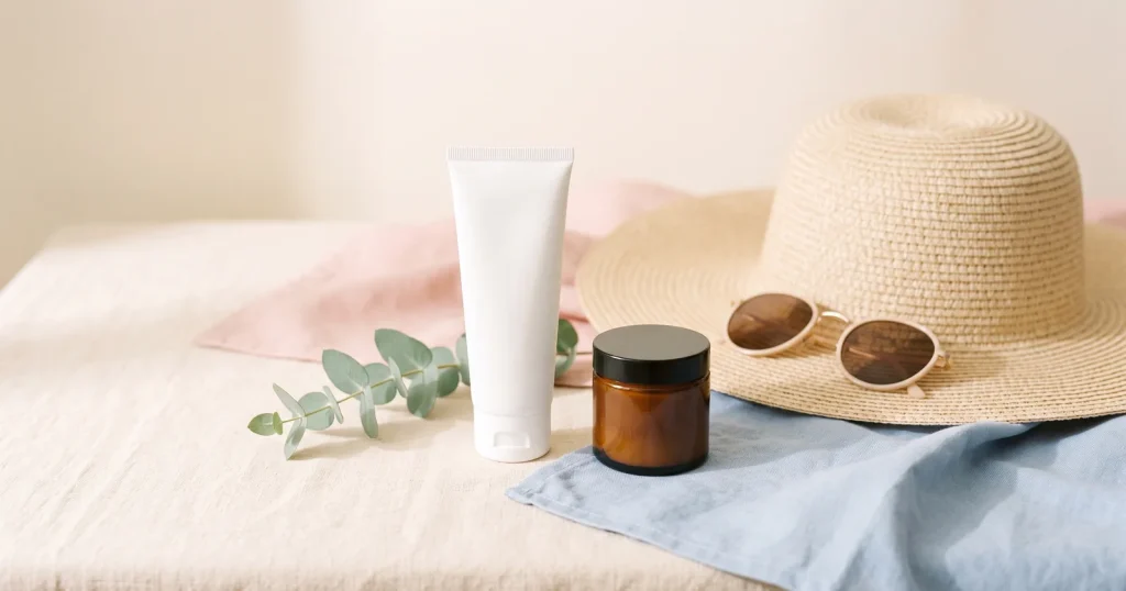 Tretinoin and hydroquinone shown as an unlabelled white tube and amber jar beside a sun hat and sunglasses on a cream surface