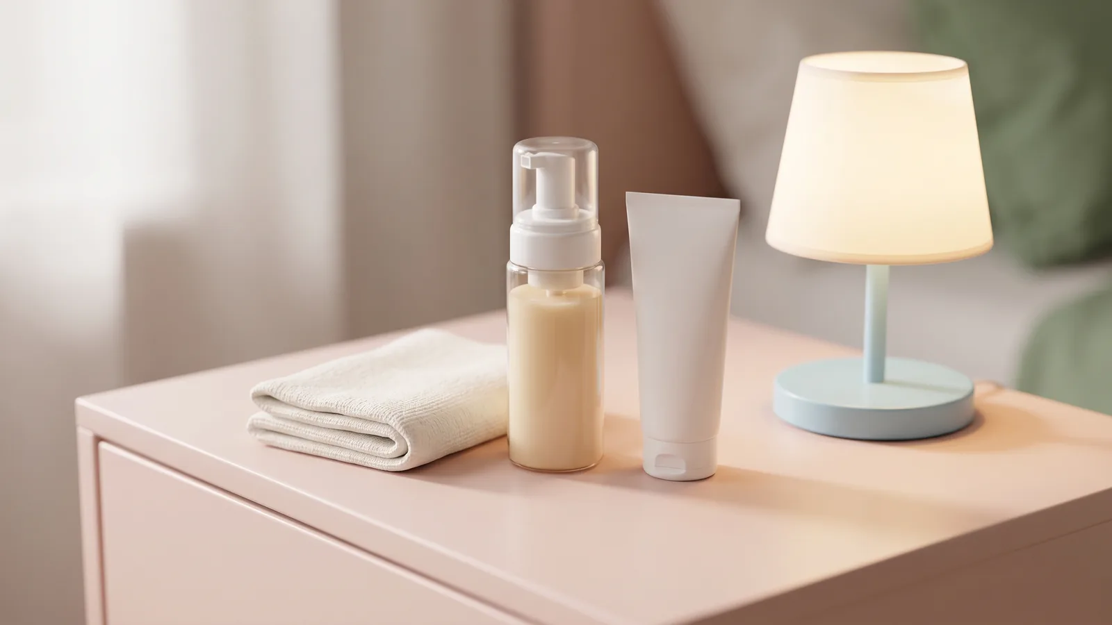 An evening skincare routine illustrated with a cleanser pump, a small tube and a bedside lamp on a pale pink nightstand