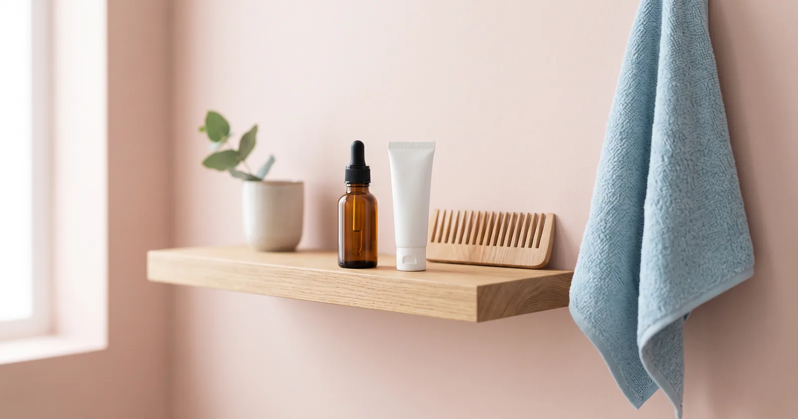 Tretinoin and minoxidil beside a wooden comb on a bathroom shelf, with an amber dropper bottle and white tube in soft daylight.