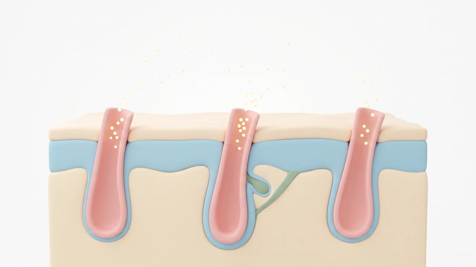 Abstract scientific illustration of hair follicles as soft pastel tubes in cross-section, with small glowing particles entering against a clean white background.