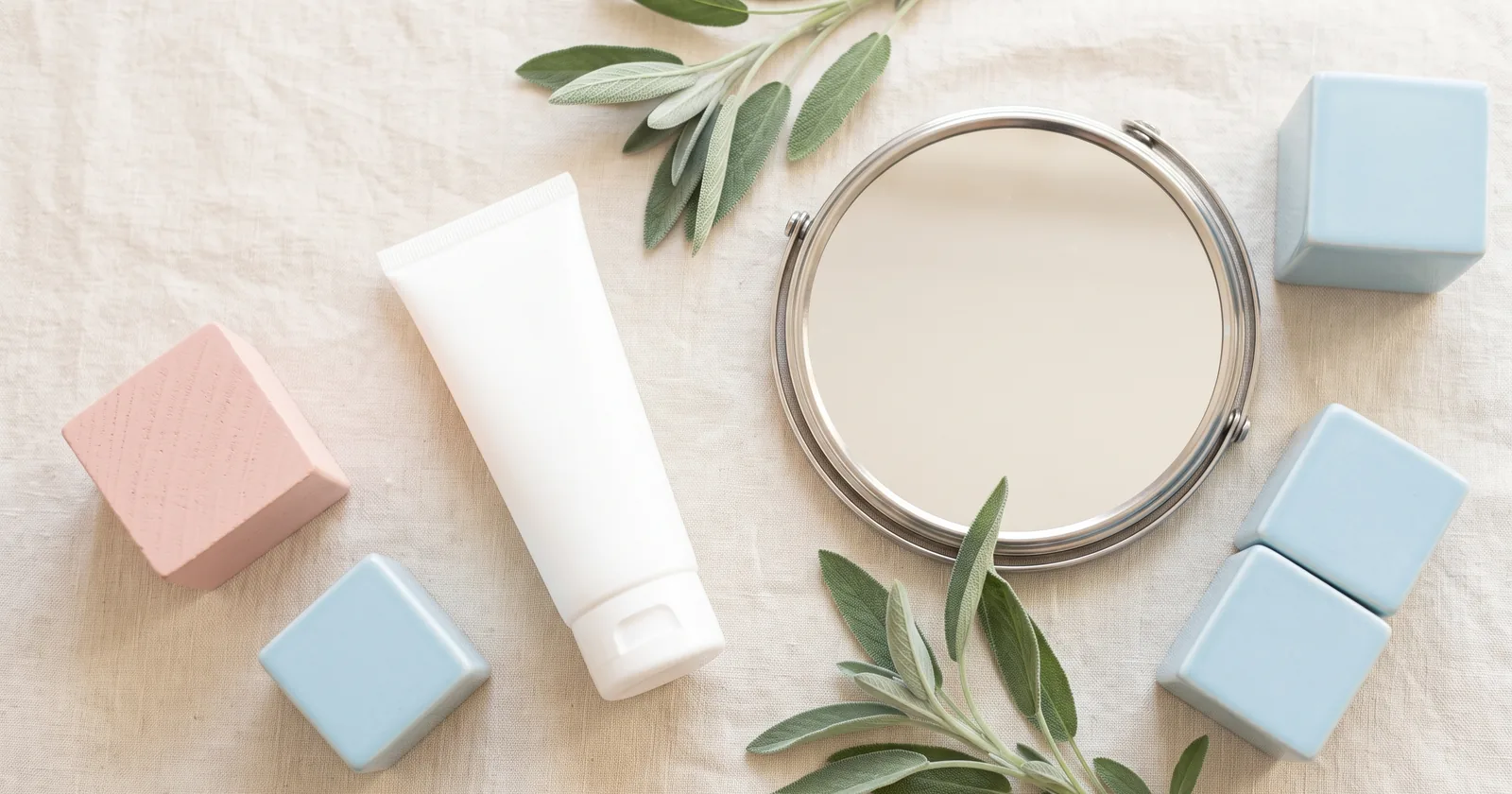 Tretinoin before and after skincare flat lay with a plain white cream tube, round mirror, linen, blush and blue blocks, and sage sprigs