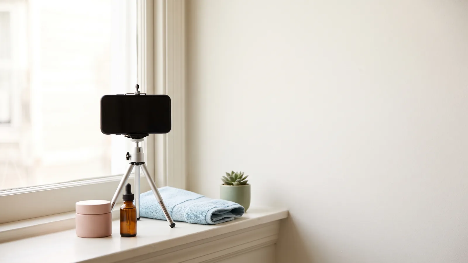 A phone on a small tripod faces a plain bathroom wall beside a window, ready for consistent before and after photos