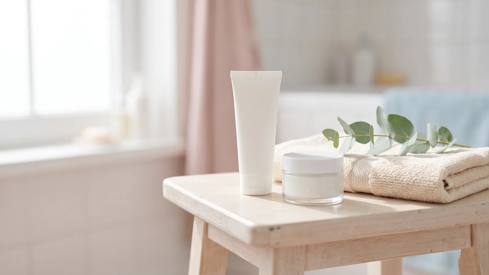 A plain white tube and body moisturiser jar beside a folded towel and eucalyptus on a pale bathroom stool in airy daylight