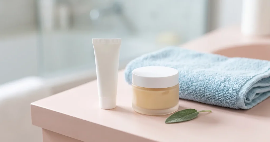Tretinoin purge guide with a small white tube, moisturiser jar and folded towel on a pale pink bathroom counter beside a sage leaf