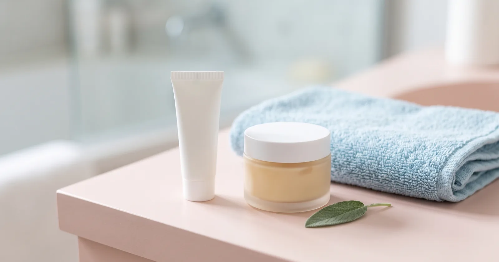 Tretinoin purge guide with a small white tube, moisturiser jar and folded towel on a pale pink bathroom counter beside a sage leaf