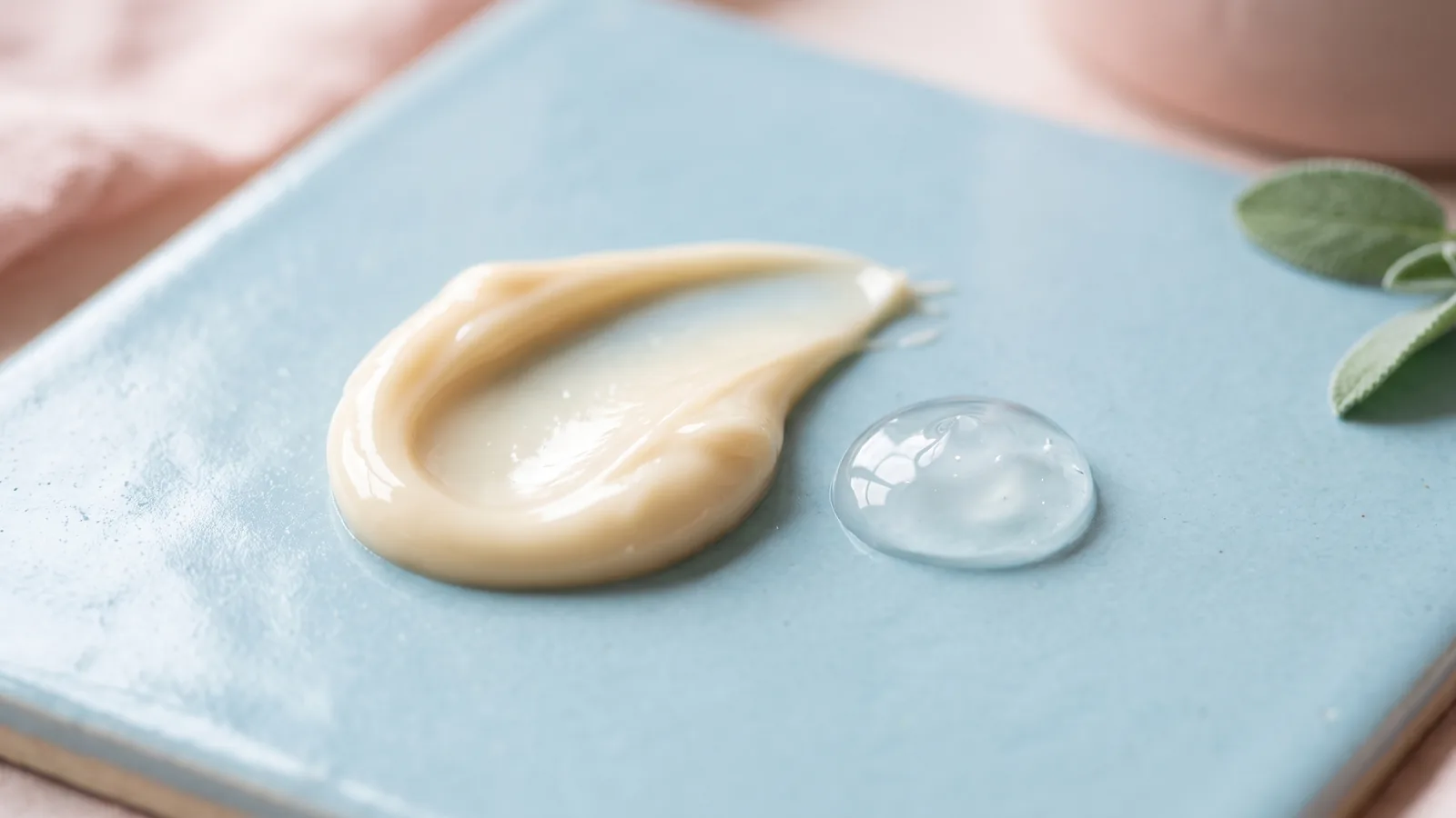 A glossy swirl of rich moisturiser beside a smaller dab of translucent cream on a powder-blue tile, illustrating product layering