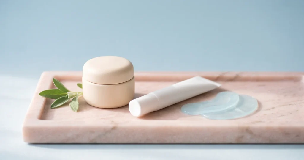 Tretinoin under eyes, with a porcelain cream pot, white tube and cooling gel pads on a pale pink marble tray