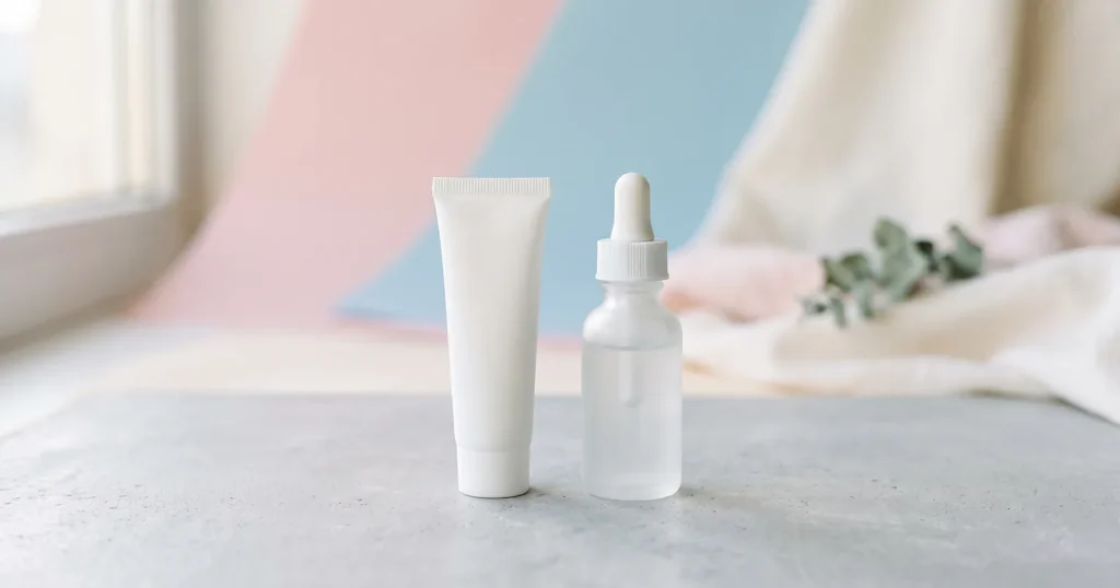 Tretinoin vs retinol skincare containers: a plain white tube beside a frosted dropper bottle on a pale grey surface