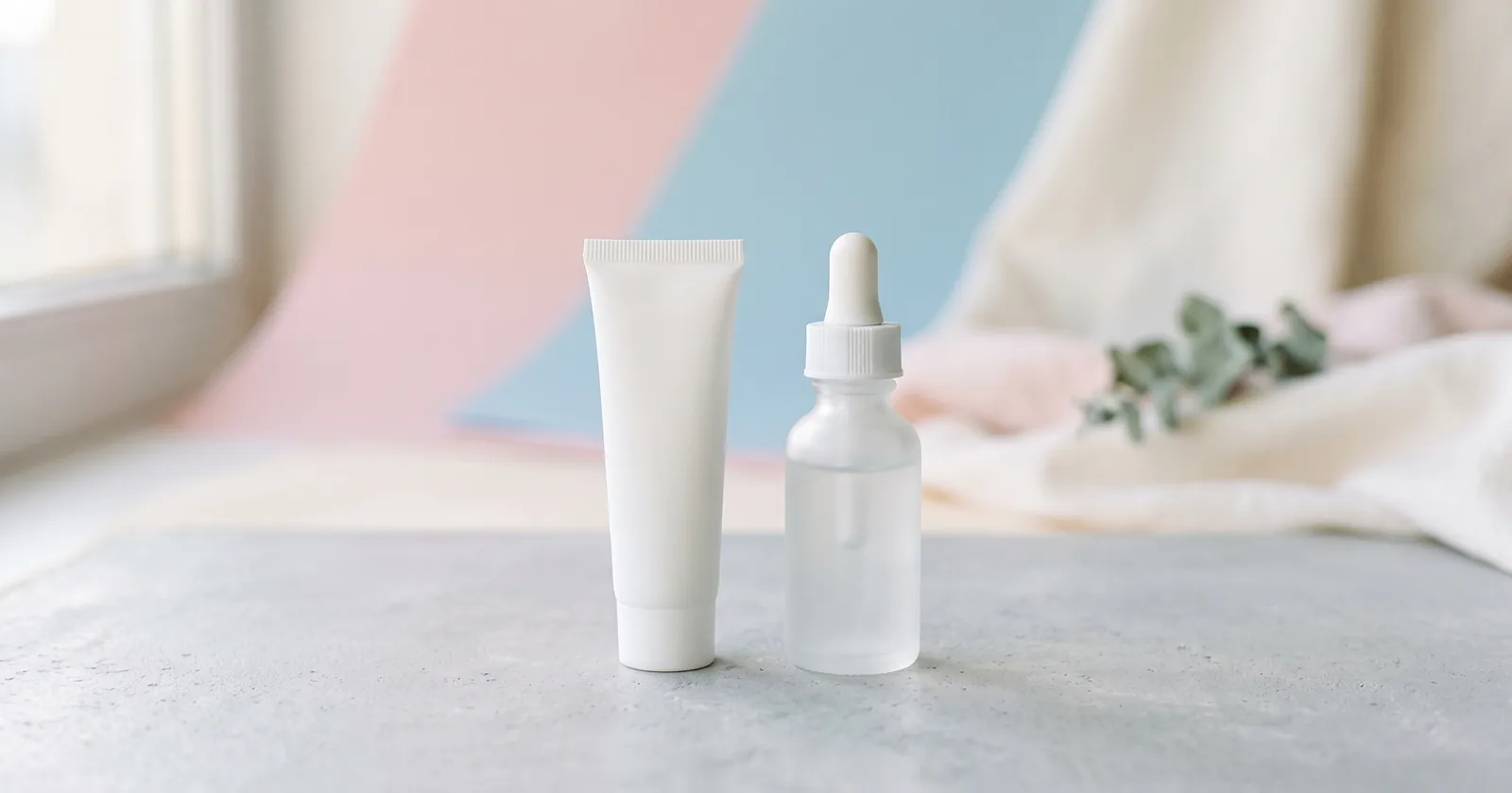 Tretinoin vs retinol skincare containers: a plain white tube beside a frosted dropper bottle on a pale grey surface
